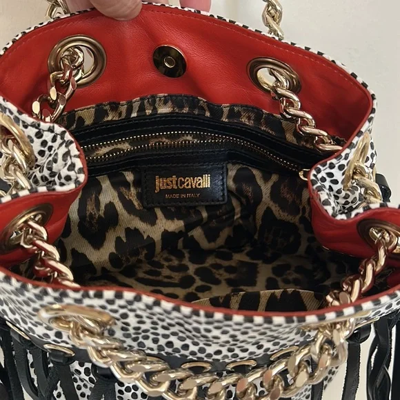 🎈FINAL PRICE🎈JUST CAVALLI Black & White Spotted Leather Bag with Black Fringe - Picture 12 of 14